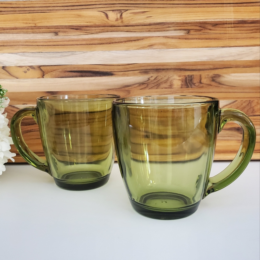 2 Green Glass Coffee Mugs - Libbey